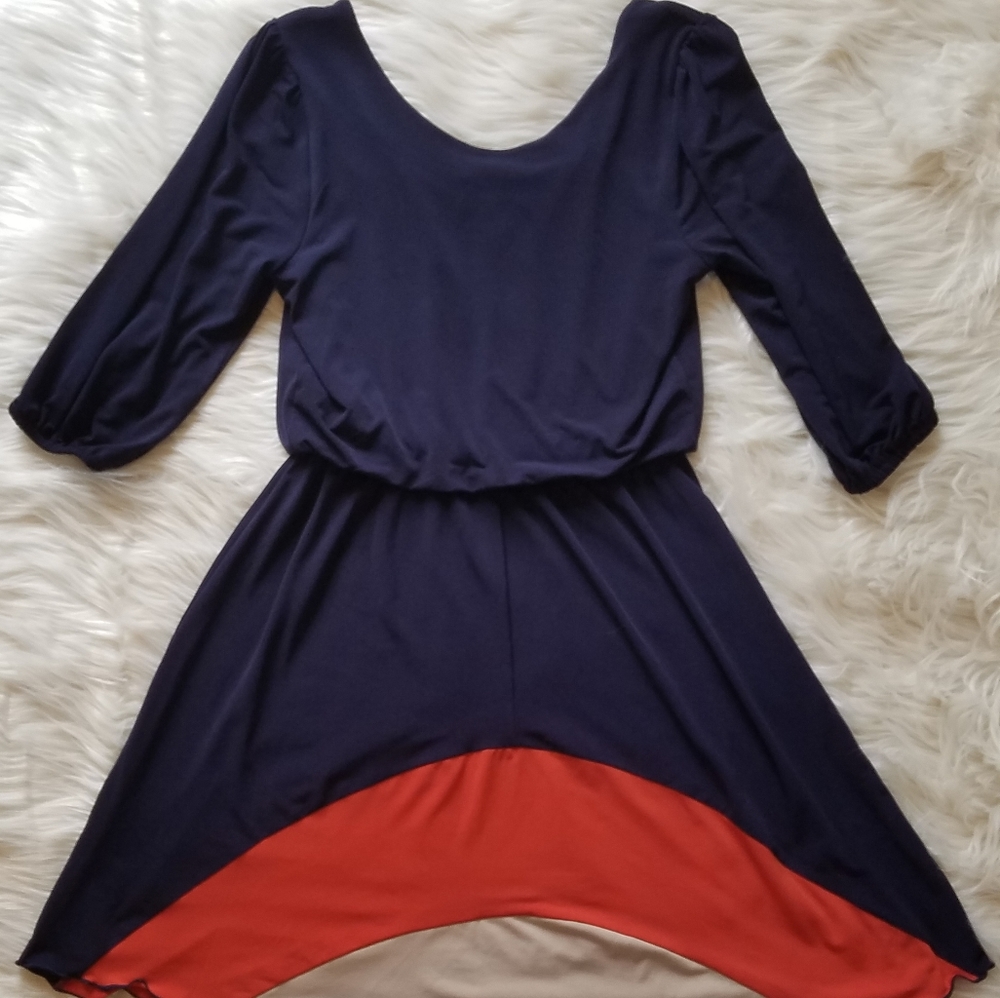 Navy Orange Tan Colorblock Dress Size S Pleated To